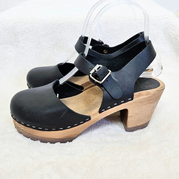 Mia Abba Wood Swedish Clog Platform Sandals Black Leather Size EU 38 US 7.5/8 - Picture 2 of 8